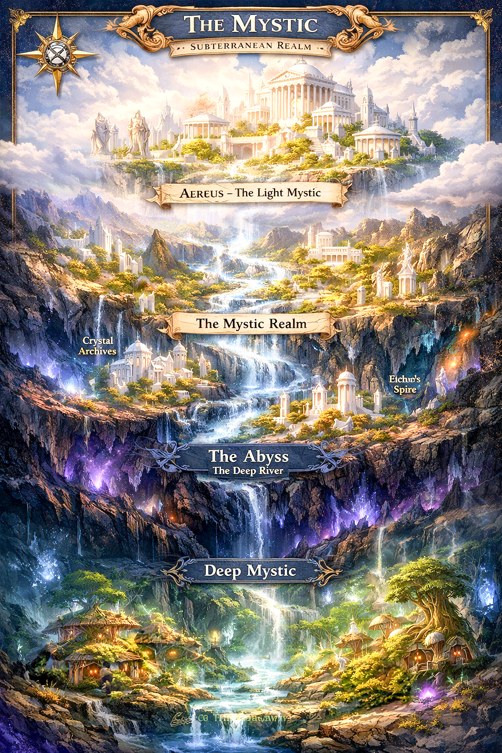 Full vertical map of the Mystic Realm: Aereus, Mystic, Abyss, Deep Mystic.