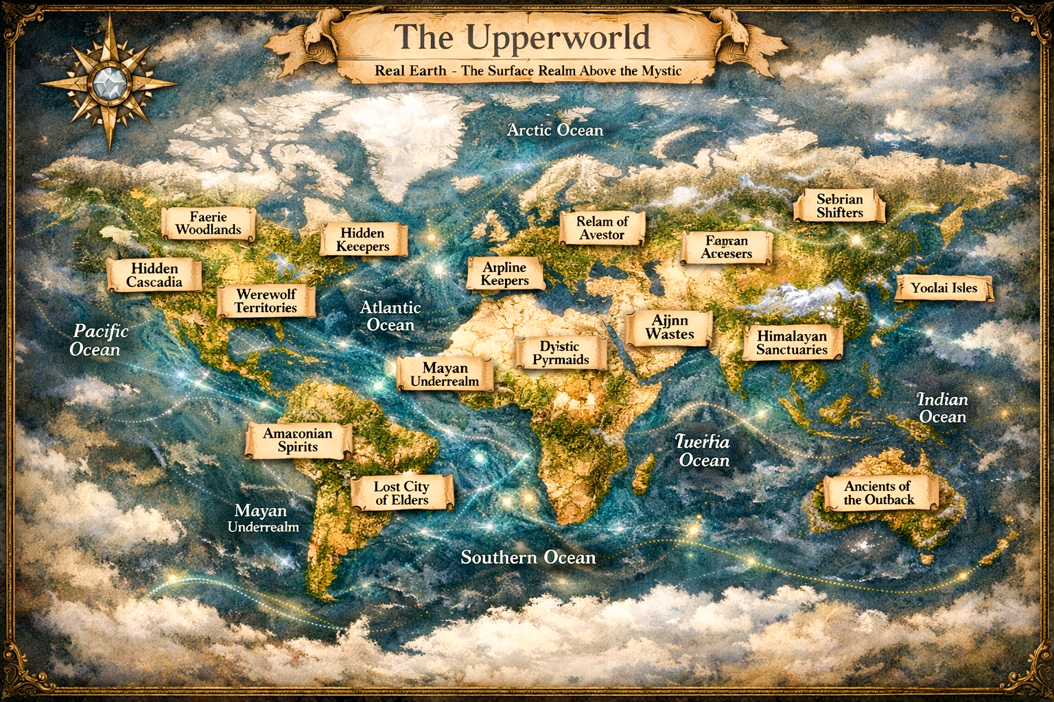 World map of the Upperworld (Real Earth) with supernatural regions marked.